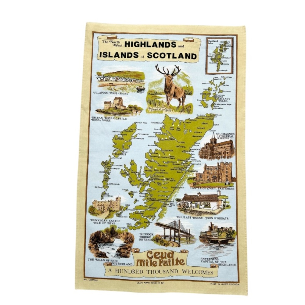 Vintage Highlands And Islands Of Scotland Decorative Tea Towel